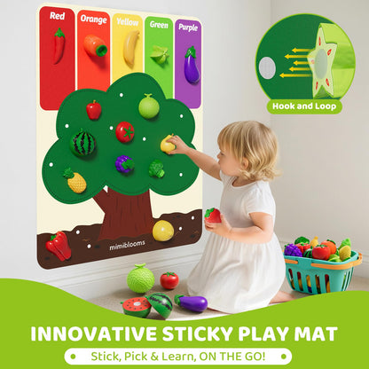 Mimiblooms Play Food Set with Cutting Fruits&Felt Tree Mat, Pretend Food Play Kitchen Accessories, Toy Kitchen Food Playset for Toddlers, Preschool Learning Toys for Kids Ages 3 4 5 6 Boys Girls Gift