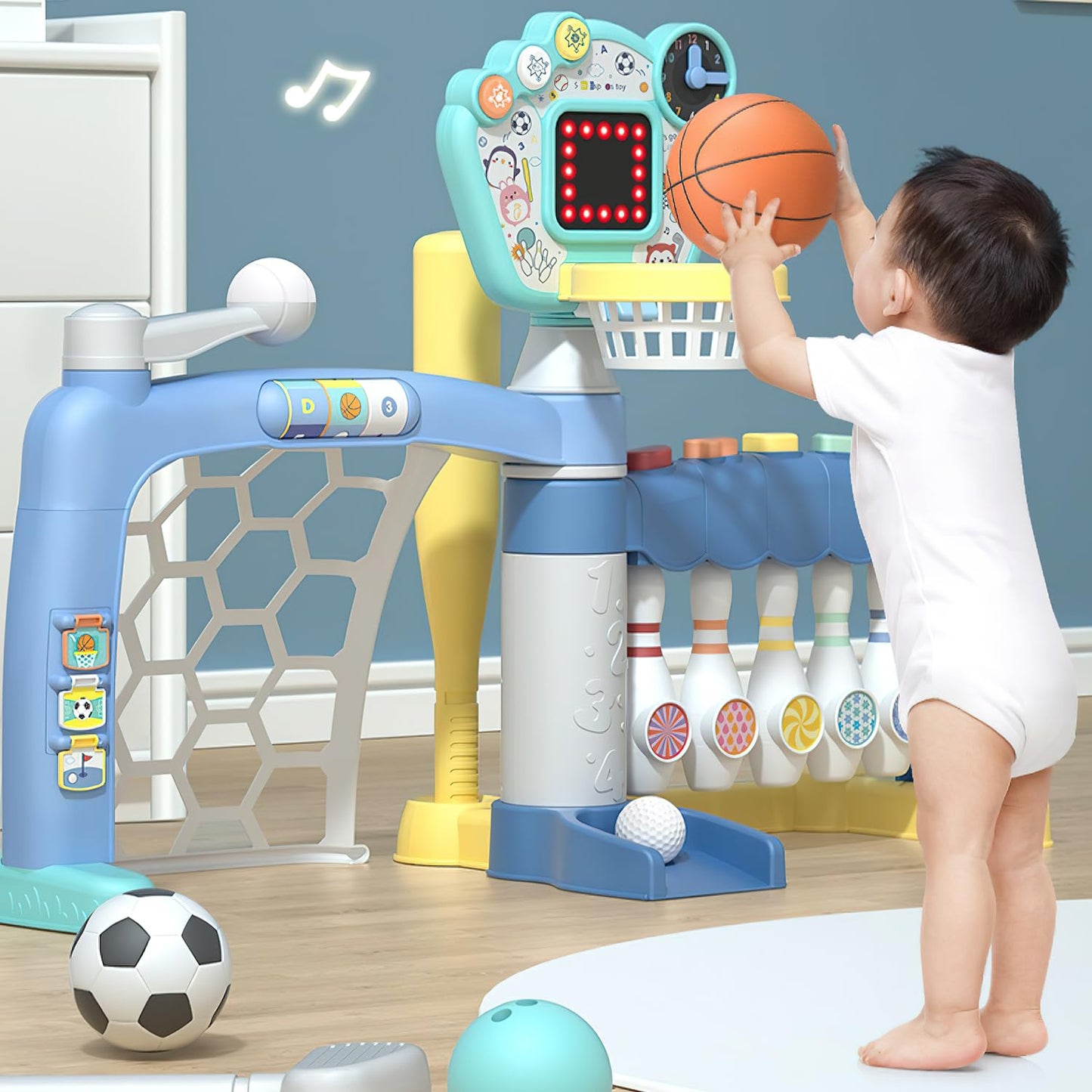 5-in-1 Toddler Sports Toys Activity Center: Includes Basketball Soccer Bowling Baseball Golf, Toddler Basketball Hoop Indoor with Adjustable Height 1-3 Year Old Boys Girls Toys, Toddlers & Baby Gift