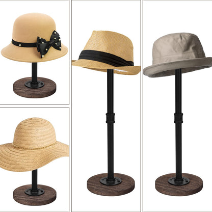 Vrietina 2 Pcs Tabletop Hat Stand Cap with Height Adjustment, Industrial Metal Pipe Rustic Burnt Wood Hat Rack, Wig Rack or Jewelry Display Riser