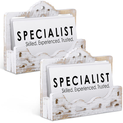 Vintage 2 Pcs Business Card Holder Display Wooden Open Card Stand Farmhouse Organizer Hollowed for Home Office Counters Receptions Trade Displays