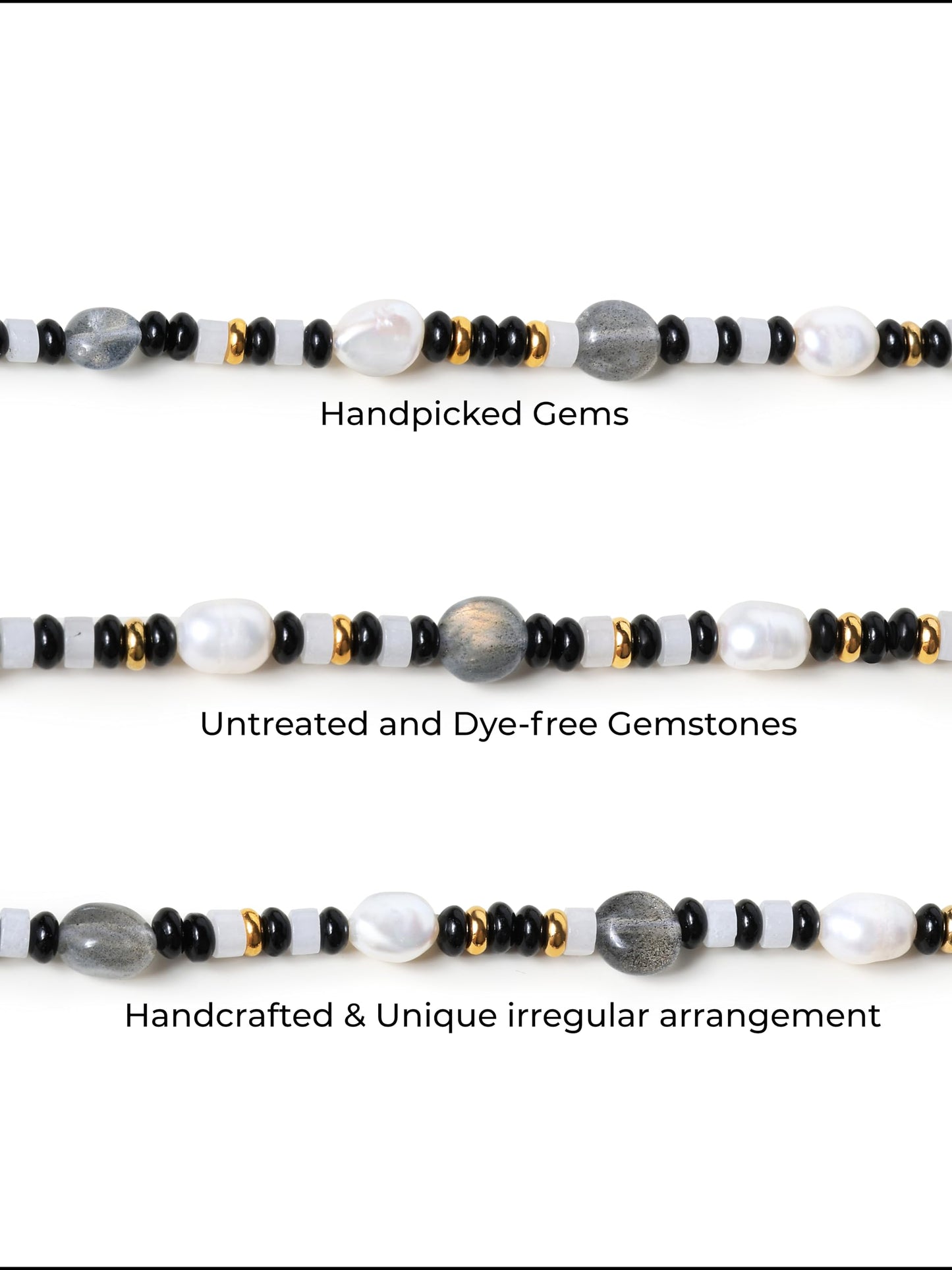 Natural Gemstone & Freshwater Pearl Bracelet for Women, 18K Gold PVD-Coated, Labradorite, Black & White Chalcedony（Medium