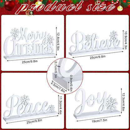 Roowest 4 Pcs Wooden Christmas Table Sign White Merry Christmas Table Decor Elegant Joy Wood Cutout with Glitter Tabletop Believe Peace Words Centerpiece for Mantle Tiered Tray Shelf Xmas Party Decor