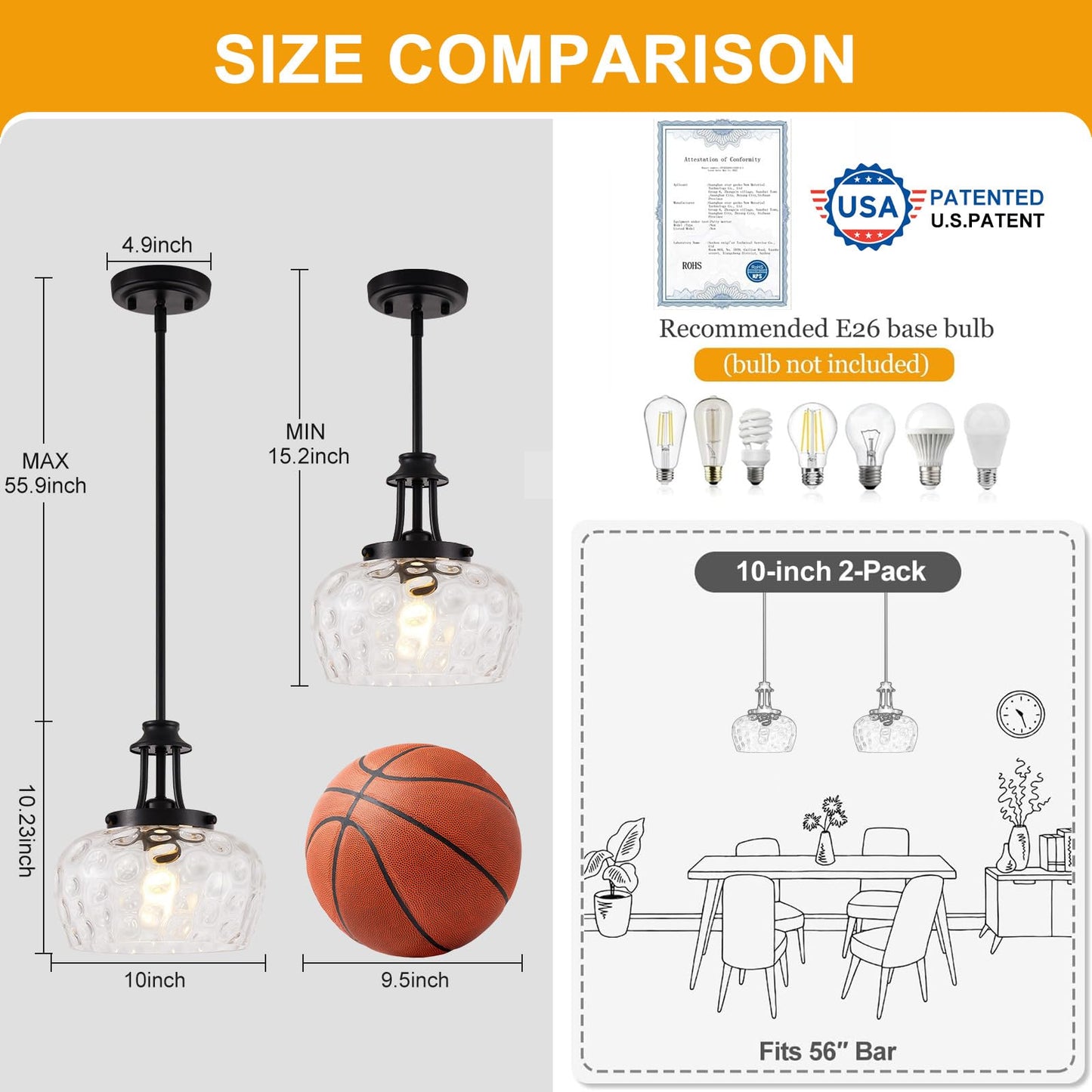 Modern Pendant Lights Kitchen Island, Matte Black Pendant Light Fixtures with 10" Clear Hammered Glass Shade, Industrial Hanging Pendant Lights Fixture for Kitchen Island Dining Room Bedroom Entryway