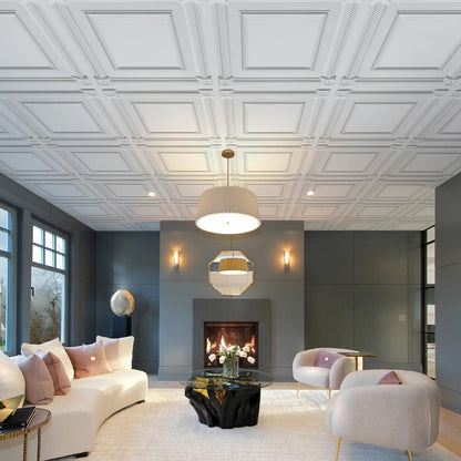 LEVOWAY 12-Pack PVC Drop Ceiling Tiles, 24 x 24in White 2'x2' Glue Up Ceiling Panel Cover 48 Sq.Ft