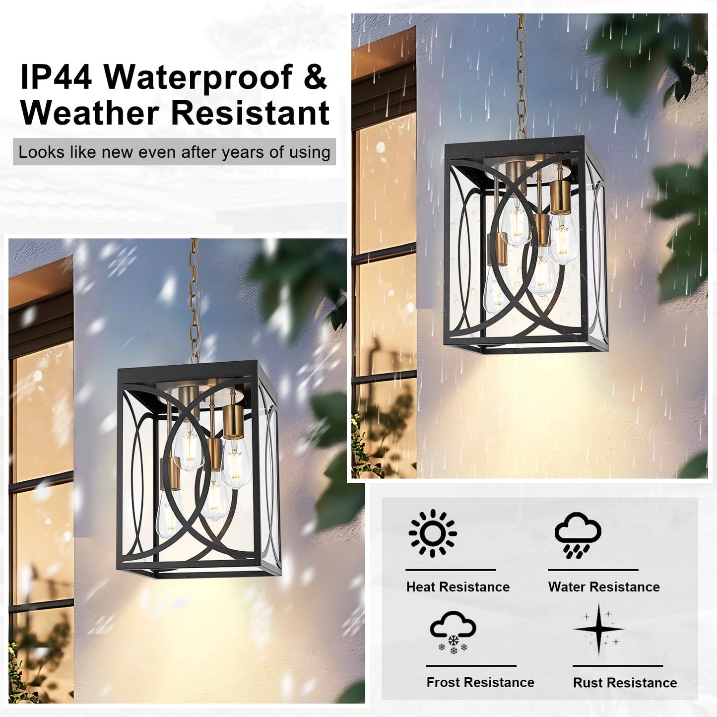 WINSHEN 4-Lights Large Outdoor Pendant Light Fixture, E26 Bulb Base Porch Hanging Lighting in Black & Brushed Brass, Modern Exterior Lantern Chandelier Ceiling Mount for Patio Front Door