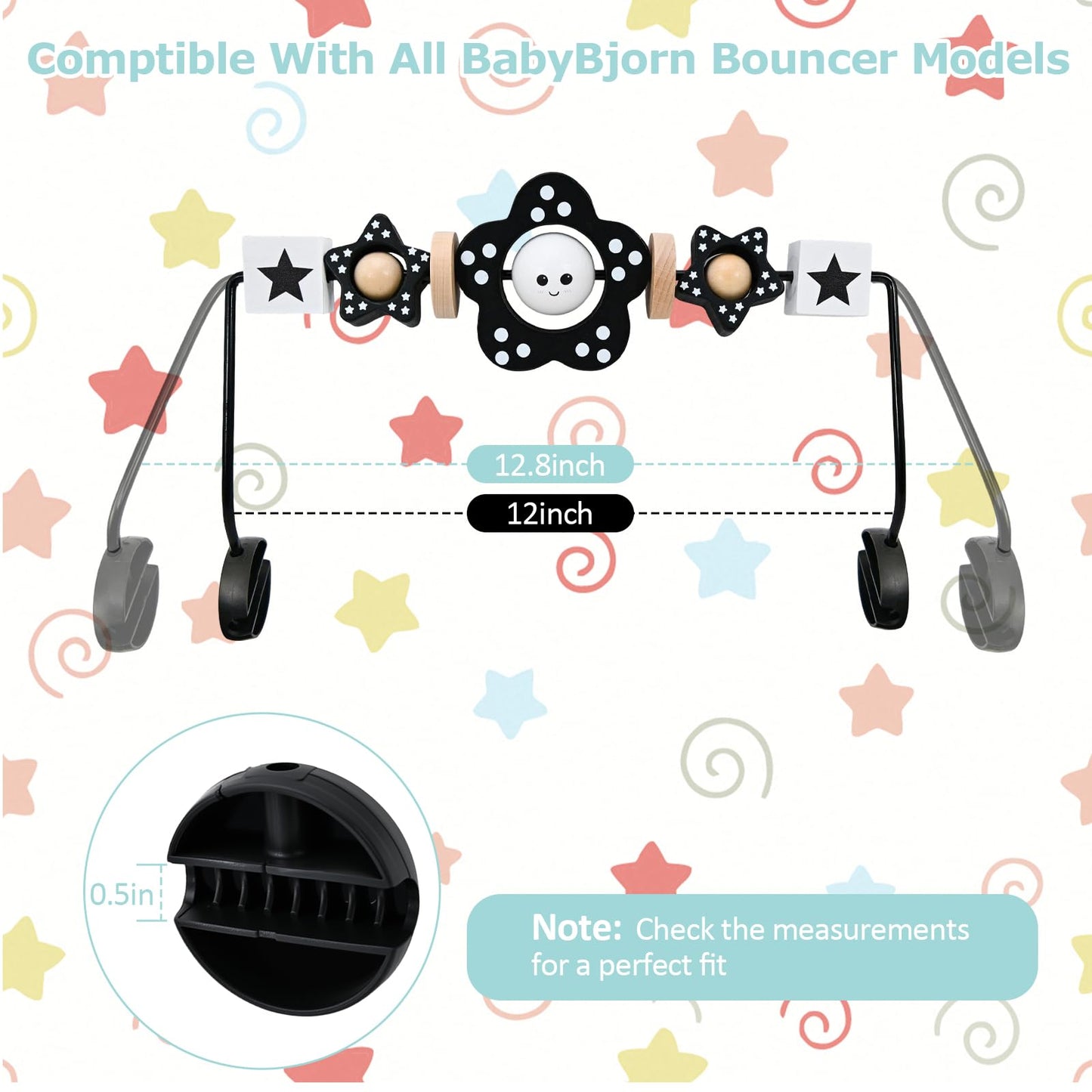 Welgep Wooden Baby Bouncer Toy Bar Attachment, Sensory Toy for Newborn to Toddler Boys Girls, Easy Install & Remove, Baby Bjorn Compatible (Black)