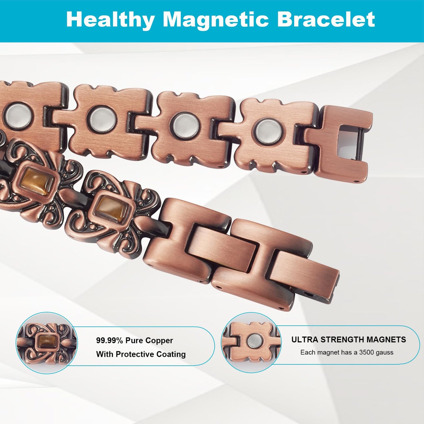EnerMagiX Copper Bracelets for Women Men, Pure Copper Adjustable Magnetic Bracelet with Yellow Stone, Healthy Jewelry Gift (Yellow)