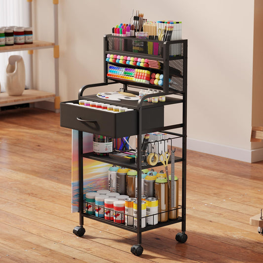 Homsorout Art cart, 3 Tier Rolling Cart - Utility Cart with Storage Drawer and Wheels, Versatile Art & Craft Organizer for Home, Office, or Studio Ideal for Storing Brushes, Paints (Black)