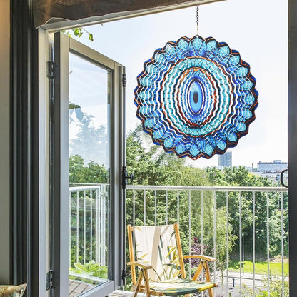 SAC SMARTEN ARTS 3D Wind Spinner Mandala 10 Inch Evil Eye Stainless Steel Wind Sculpture Blue Hanging Ornament Laser Cut Metal Art for Indoor Outdoor Garden Decoration Protective Amulet for Home Yard