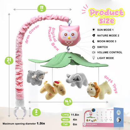 SUMWE Baby Crib Mobile with Music and Lights for Boys Musical Mobile Animals for Crib Bassinet Girls Toys Hanging Portable Safari Nursery Decor Pink