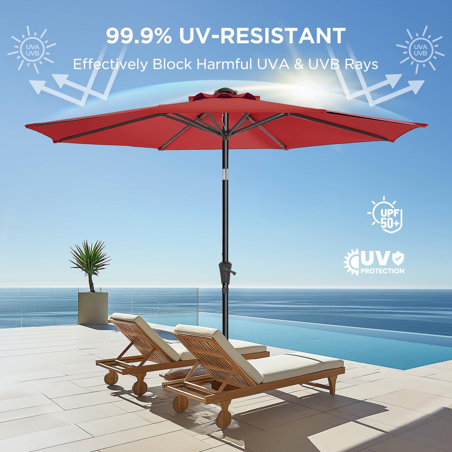 HOMSHADE 9ft Outdoor Patio Umbrella - Market Table Pool Deck Umbrella UPF50+ UV Protection with Push Button Tilt, Crank and 8 Sturdy Ribs (Red, No base)