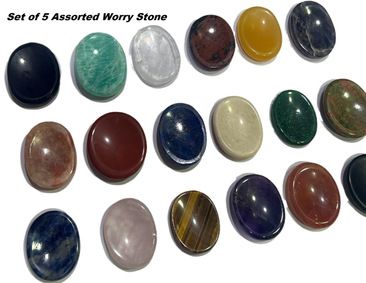 Set of 5 Assorted Thumb Worry Stones Metaphysical Gemstone Crystal Healing Reiki Men Women Gift Feng Shui Positive Energy Love Wellness Palm Stones Wicca Powerful