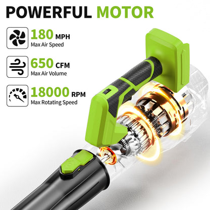 FULLYEA Cordless Leaf Blower 650CFM/180MPH, 21V Electric Leaf Blower with 3 Tubes & 2 x 4.0Ah Batteries, 6 Speed Modes, Battery Powered Leaf Blowers for Cleaning Patio, Yard, Garage, Lawn (Green)