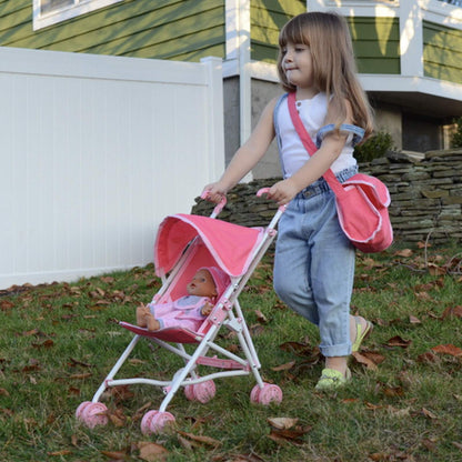 My First Baby Doll Stroller for Toddlers 1-3 Year Old Girls, Little Kids | Toy Stroller with Bottom Storage Basket, Foldable Frame, Canopy, Seatbelt - Unicorn (Pink)