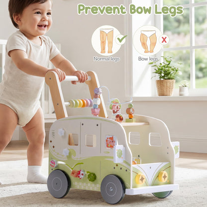 ROBOTIME Wooden Baby Walker, Baby Push Walker, Ajustable Speed Multi-Functional Baby Walker with Wheels for Babies Learning to Walk, Sit-to-Stand (Green)