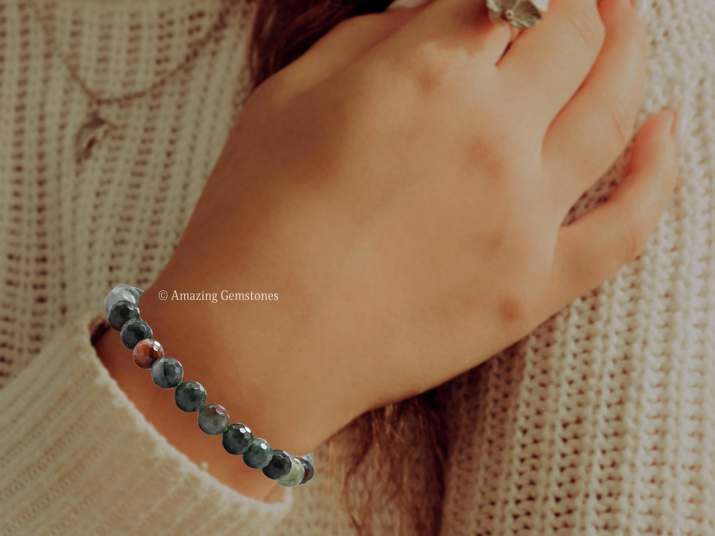 Amazing Gemstone African Bloodstone Bracelet for Women - Chakra Mens Bracelet Protection Crystals and Healing Stones - Faceted Beaded Blessing Bracelet Spiritual Meditation Gift Christmas
