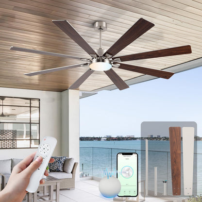Minislak 72Inch Large Brushed Nickel Ceiling Fans with Light and Remote Control,8 Wooden Blades,6-Speeed,3CCT,Quiet Reversible DC Motor,Indoor Outdoor Ceiling Fan for Patio/Living Room/Garden