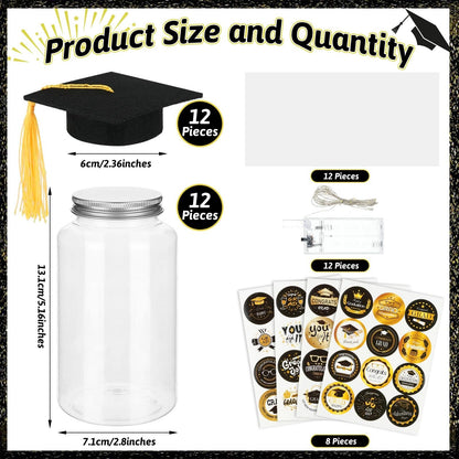 12 Pack Graduation Table Decoration Set, 2026 Grad Jar Table Centerpieces, Includes Black Felt Grad Hat, LED Lights, Stickers and Tracing Paper for High School and College Graduation Party Supplies