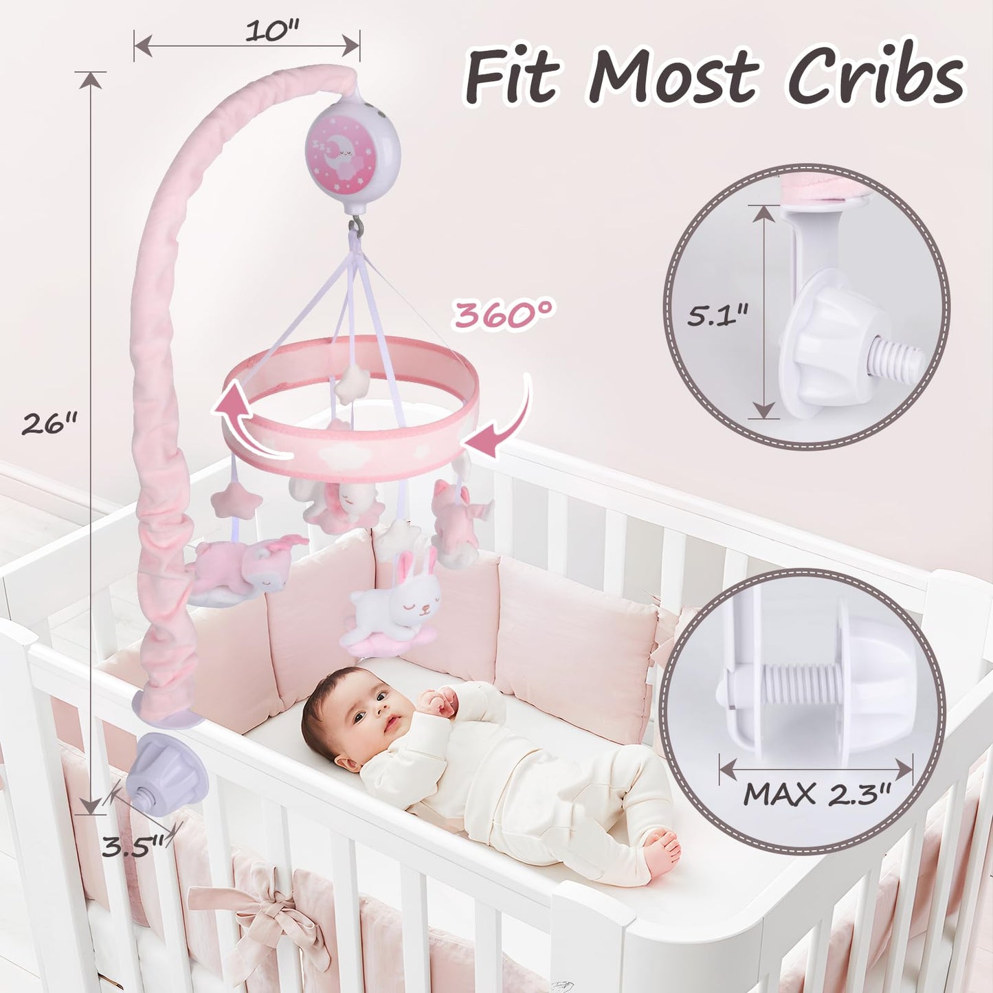 YIERCHOO Crib Mobile for Girls, Baby Mobile for Crib with 12 Lullabies Digital Musical Box, 3 Modes, Volume & Songs Control, Pink Design for Nursey Decor
