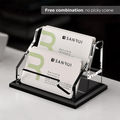 SANRUI Black Business Card Holder for Desk 2 Slot , Clear Acrylic Horizontal Name Card Stand for Women and Men, Desktop Organizer Display for Office Home Exhibition - 120 Card Capacity 1 Pack