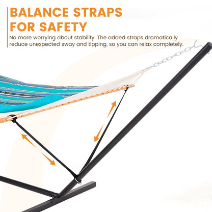 Lazy Daze Hammocks 2 Person Portable Hammock with 12FT Stand, Double Hand Woven Cotton Rope Hammock with Detachable Quilted Pad & Pillow for Outside, 450lb Capacity, Blue Stripes