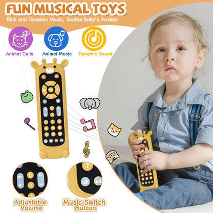 Orzbow Baby Remote Control Toy for 6 Month+ with Silicone Giraffe Teether Cover, TV Remote Toy with Realistic Light and Sound - English, French and Spanish for Infant Musical Toys, BPA Free, Black