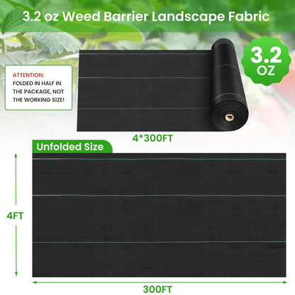 Rintea 4FTX300FT Weed Barrier Fabric, 3.2oz Landscape Fabric, Durable Weed Barrier Fabric Heavy Duty with 20 U-Shaped Securing Pegs for Landscaping Weed Blocker Garden Bed Cover, Commercial Driveway