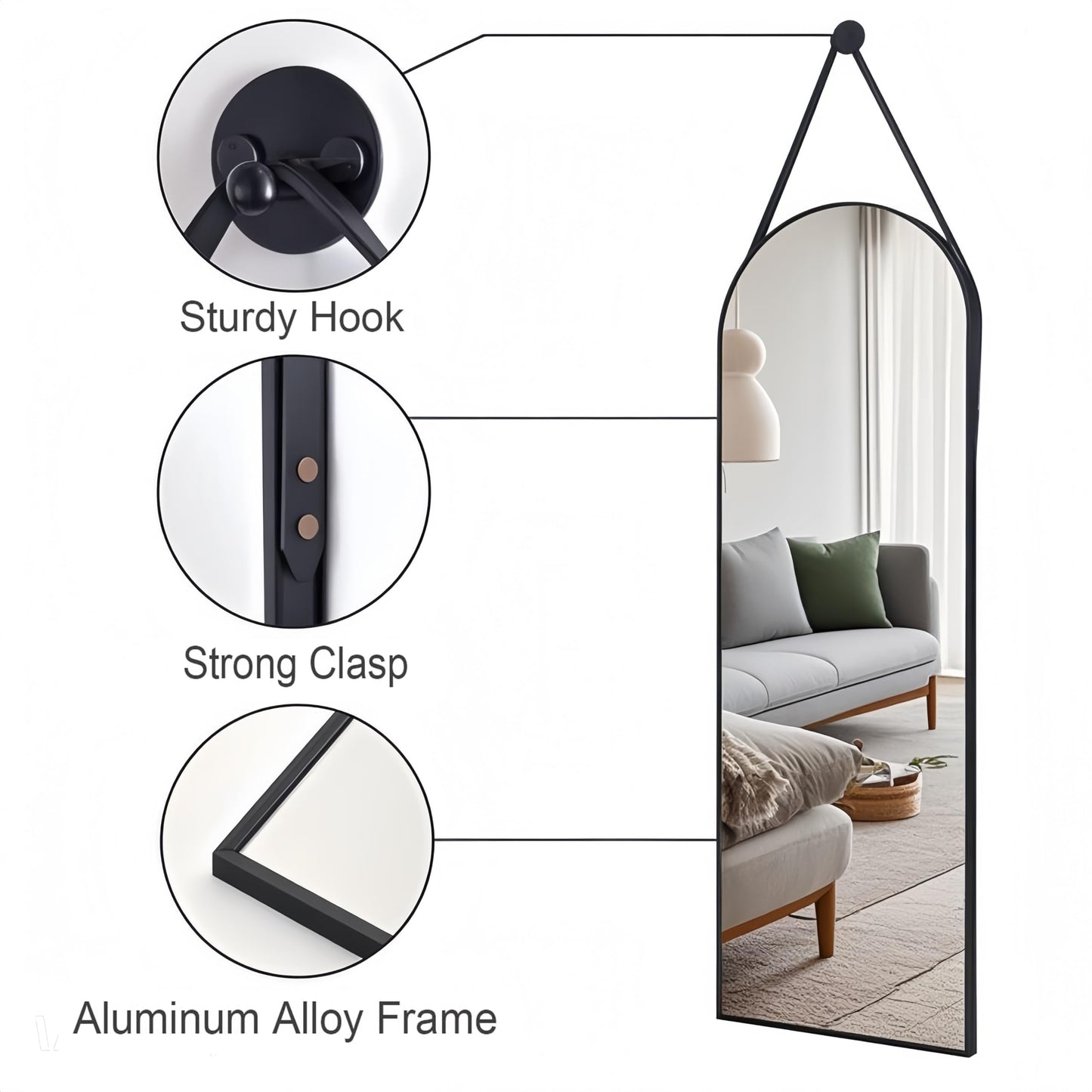 Dewfig 16"x48" Hanging Mirror with Leather Strap,Arched Full Length Mirror with Aluminum Frame Wall-Mounted Hanging Mirrors for Bathroom Vanity Living Room Bedroom Entryway Décor, Black