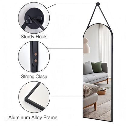 Dewfig 16"x48" Hanging Mirror with Leather Strap,Arched Full Length Mirror with Aluminum Frame Wall-Mounted Hanging Mirrors for Bathroom Vanity Living Room Bedroom Entryway Décor, Black