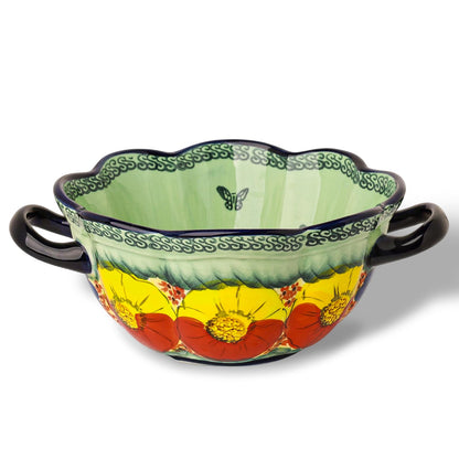silesia Handmade Salad Bowls with Handles, 45 oz Hand-Painted Serving Bowl, Large Ceramic Crocks for Soup, Pasta, Stew, Microwave & Dishwasher Safe, Kitchen Decor Gift (Glazed Green)