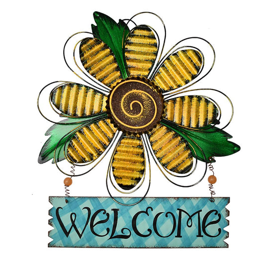 Metal Welcome Sign for Front Door - Decorative Flower Hanging Plaque Spring Wreaths Wall Art - Farmhouse Patio Garden Outdoor Decorations (Yellow, B)