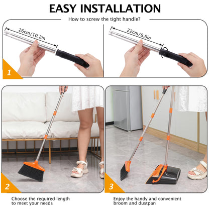 XXFLOWER Broom and Dustpan Set with Long Handle, Light Weight Stainless Steel Poles Stand Upright Dustpans with Broom Combo for Home Kitchen Office Pet Dog Hair, Black & Orange Color, 1-Pack