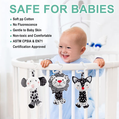 JINBOBUBU Black & White Baby Wind Chime Hanging Toys - High Contrast Rattles for Newborns 0-12 Months, Stroller & Car Seat Mobile, Hanging Rattle Toys for Babies, Clip Hanging Plush Squeeze Toys