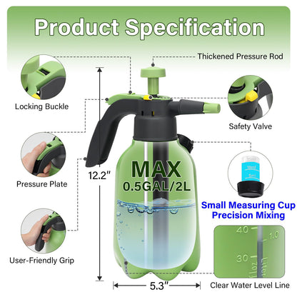 INNOVJOPRO 0.5 Gallon Hand Pump Sprayer for Garden Plant and Cleaning with 2 Adjustable Nozzle and Side Water Inlet & Safety Valve