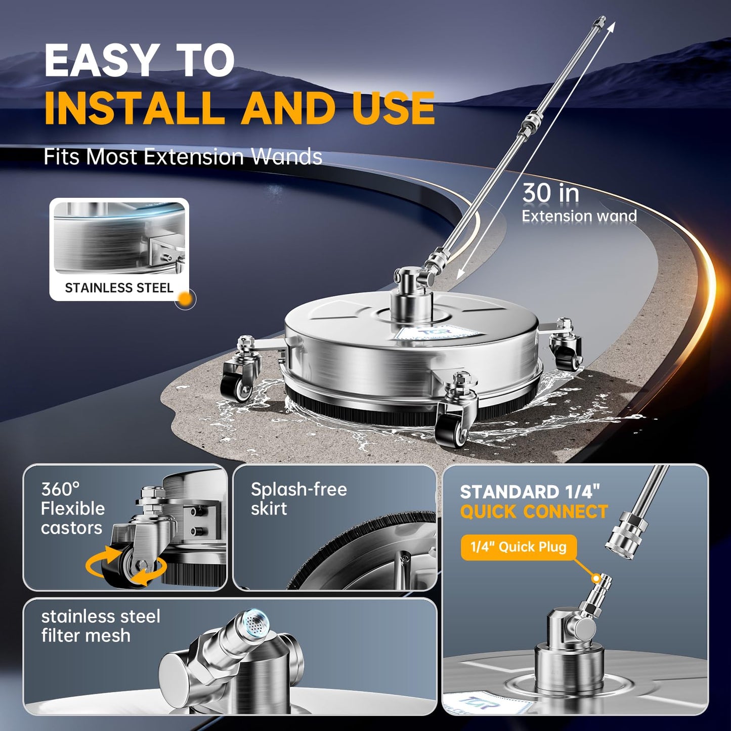 TOR 14" Stainless Steel Pressure Washer Surface Cleaner with 4 Caster Wheels, 4000 PSI, 2 Extension Wands & Nozzles, Power Washer Surface Cleaner for Concrete, Driveway, Patio, 1/4" Quick Connect