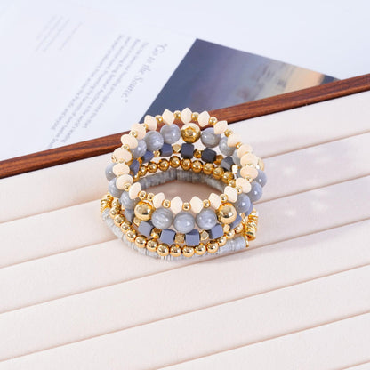 Aigrnc Boho Beaded Stretch Bracelets For Women Stackable Crystal Gold Plated Beaded Bracelets Set Trendy Handmade Friendship Braeclet Jewelry Gifts(F-Wooden bead set)