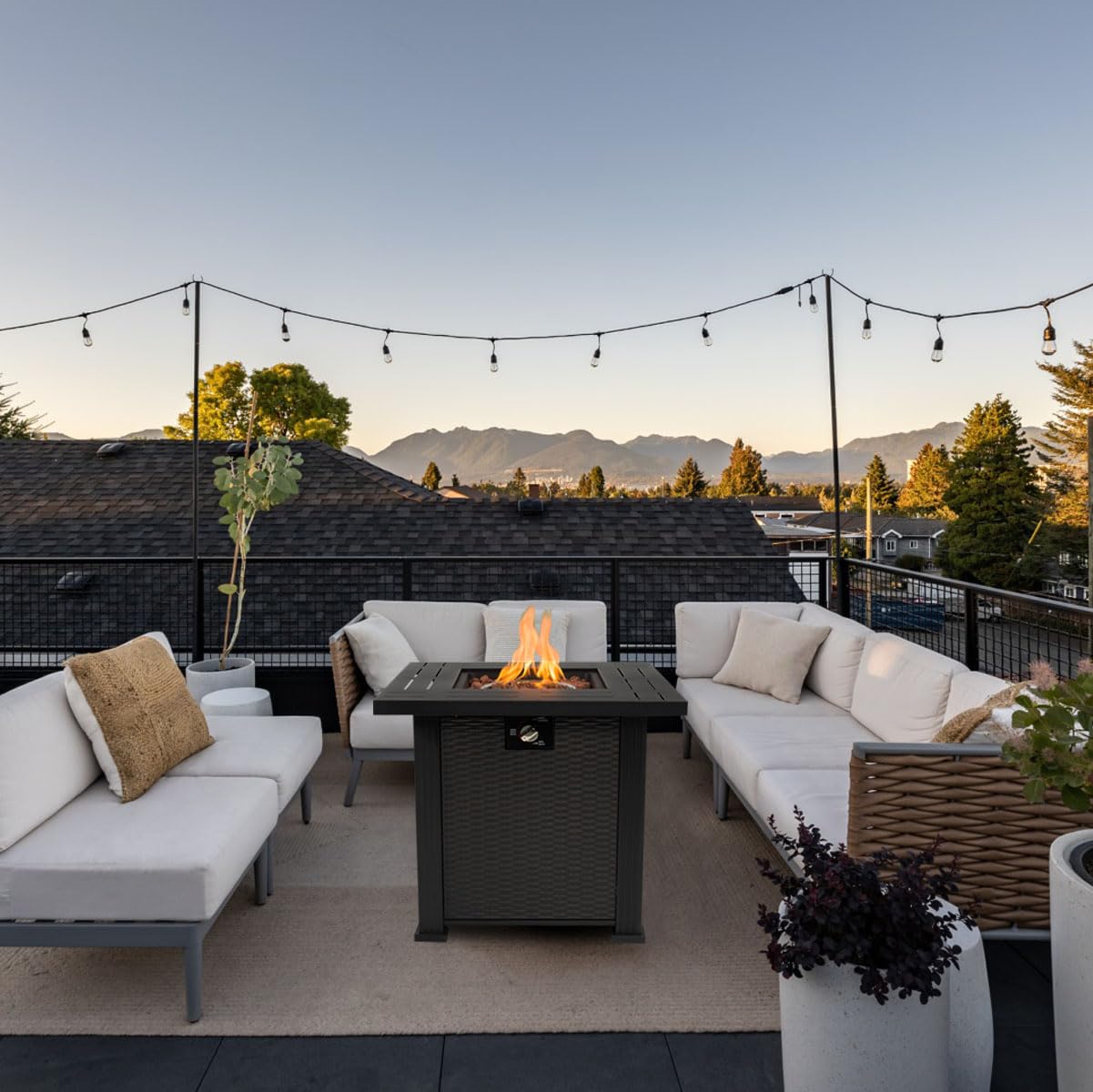AJ Enjoy 28'' Propane Fire Pit Table, 50,000 BTU Fire Table with Steel Lid, Big Legs, Laval Rocks.