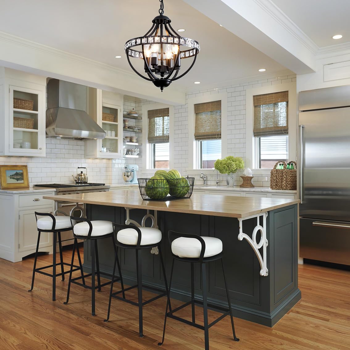 Lanpesting Crystal Chandelier Light Fixtures, 4-Lights Farmhouse Rustic Vintage Black Pendant Hanging Lighting Ceiling Chandeliers for Kitchen Island Dining Room Living Room Bedroom Foyer Hallway