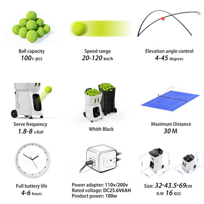 PUSUN PT-Smart-Pro Smart Tennis Ball Machine - Auto Serve with APP/Remote/iWatch Control,12 Serving Modes, 4-6H Battery for Training/Coaching (White)