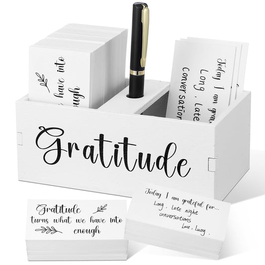 Clabby Gratitude Jar Include 200 Cards 1 Pen 1 Blessing Jar Wood Box Practice Thankful Appreciation Gratitude Note Cards Kit for Mother's Day Families Friends Employee Coworkers(White)