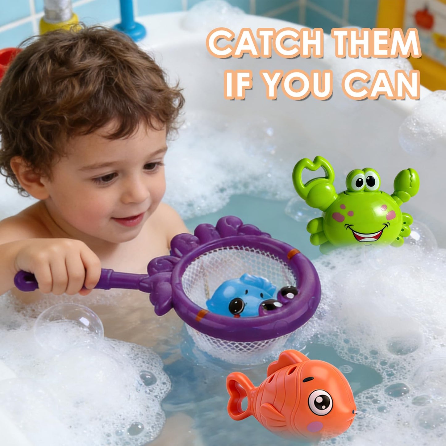 Uermis Baby Bath Toy for Toddlers, Fishing Game Bath Toy with 3 Floating Sea Animals, Fishing Pole & Fishing Net, Fun Bathtub Games for Kids Ages 18 Months+