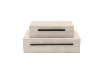 Sagala Set of 2 Ivory Shagreen Decorative Boxes With Black Metal Handles, Faux Leather Jewelry Boxes Modern Storage Boxes Photo Boxes Memory Boxes Home Organizer Box(Ivory)