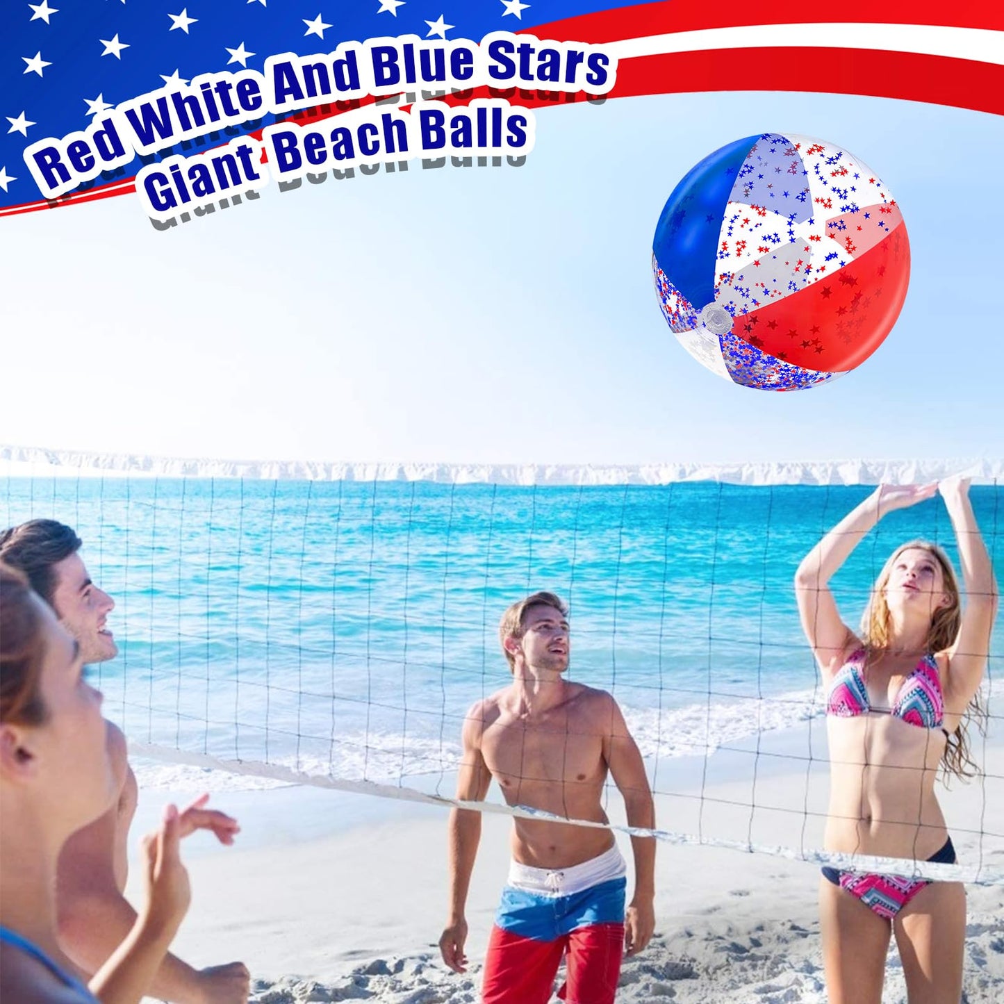 12 Pack 16" Inflatable Patriotic Beach Balls,4th of July Red White and Blue Stars Glitters Beach Ball Bulk,250th Anniversary Pool Toys for Kids & Adults Summer Swimming Pool Beach Party Game Water Toy