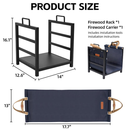 Zettfuly Firewood Rack Indoor Outdoor with Firewood Carrier, Fireplace Wood Log Holder Heavy Duty Metal, Indooor Firewood Holder for Fireplace Wood Storage, 16 inch, Navy