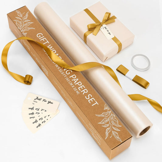 Off White Matte Wrapping Paper Set, 17''×33 Ft Solid Gift Wrap Roll with Ribbons Tape Gift Tags, Elegant Wrapping Paper for Birthday Wedding Baby Shower DIY Crafts Flower Bouquet Graduation Gift