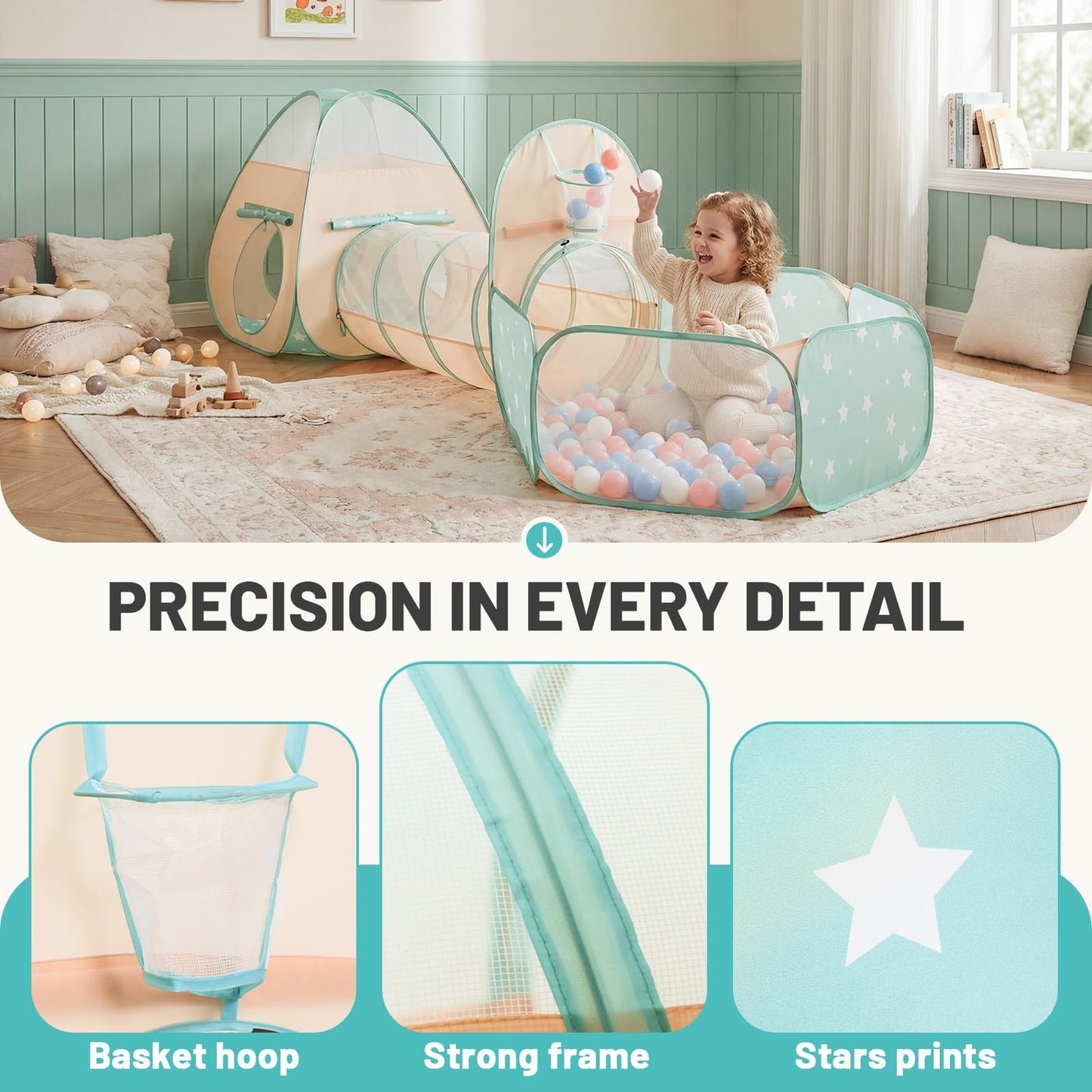 PigPigPen Play Tent for Kids: 3-in-1 Ball Pit with Crawl Tunnel and Princess Tent, Portable Playhouse for Toddlers Boys Girls, Indoor Outdoor Toys Gift Set