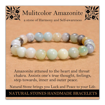 Handmade Natural Gemstone Elastic Bracelet - Healing Crystal Beads Jewelry, Unisex (Mulitcolor Amazonite, 8mm)
