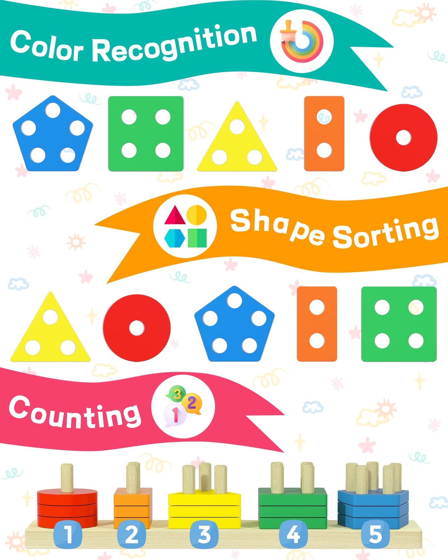 Zartores Montessori Toys for 1 2 3 Year Old Boys Girls Gifts, Wooden Shape Sorter Toys for Ages 2-4, Toddler Learning Toy Puzzles Birthday Gift Ages 1-3