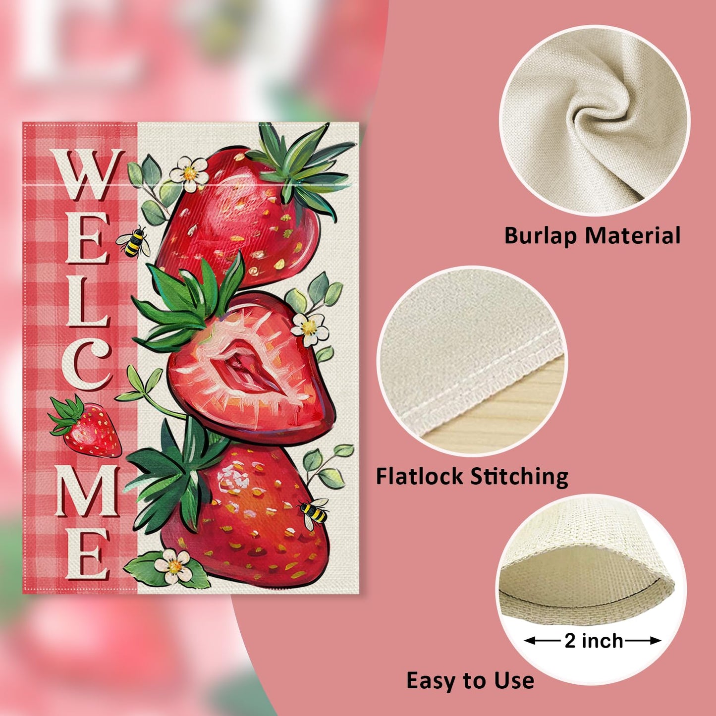Covido Welcome Spring Summer Strawberry Decorative Garden Flag, Red Fruit Plaid Check Farmhouse Yard Outside Decorations, Seasonal Burlap Outdoor Small Home Decor Double Sided 12 x 18