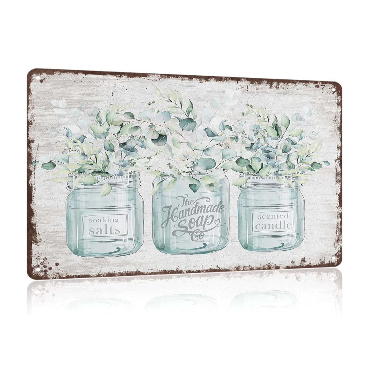 Botanical Eucalyptus Bouquet & Blue Mason Jar Metal Sign - Green Blue Flower Floral Modern Tin Signs For Bedroom, Bathroom, Living Room & Kitchen Decor
